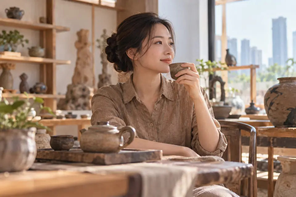陶艺茶器工作室内陈列的茶杯与陶器