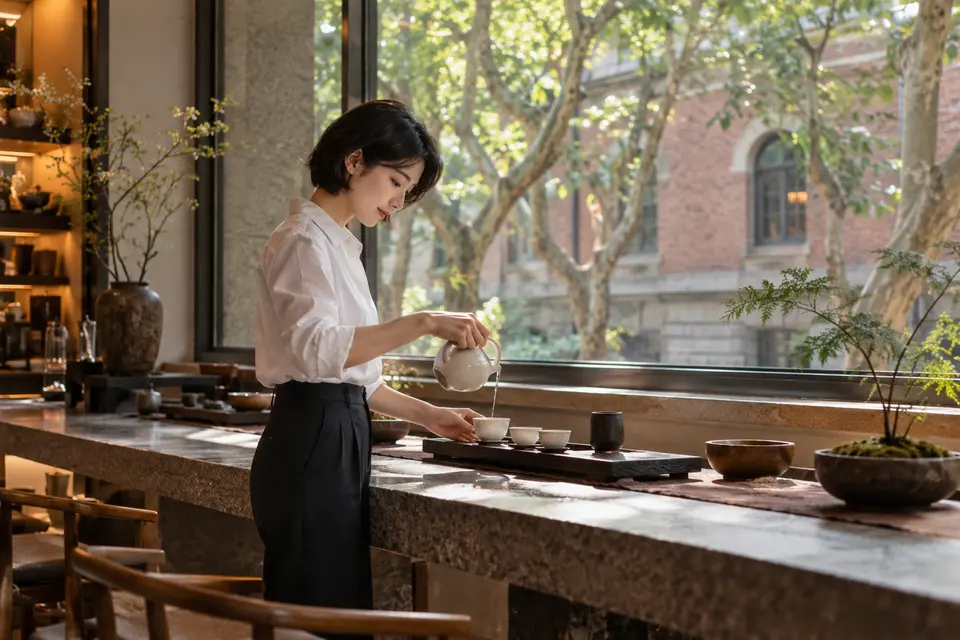 梧桐街区茶室内，白瓷茶具与倒茶的品饮场景
